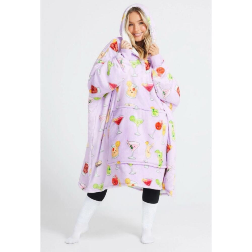 The Oodie Hooded Wearable‎ Blanket Lilac Cocktail Themed Pattern One Size Drinks